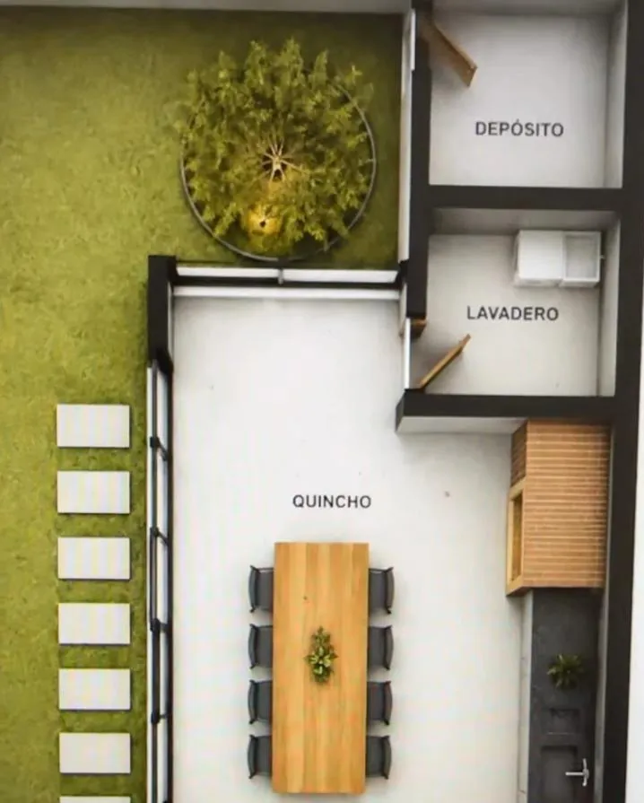 Vista superior del proyecto: naranjo, quincho con mesa para ocho, lavadero y depósito